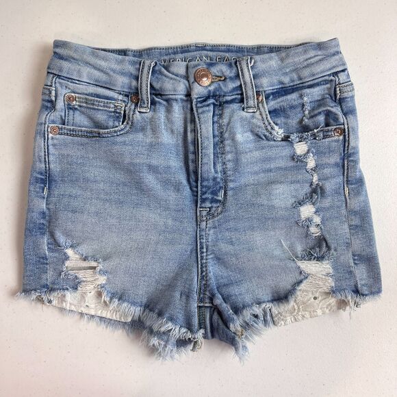 American Eagle Women's Curvy Hi-Rise Shortie Denim Shorts Distressed Size 0 - Picture 1 of 12
